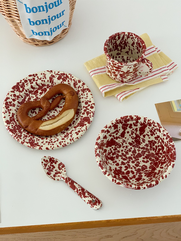 Super Special Wine Red Yogurt Bowl ~ Splash-Ink Enamel Bowl Oatmeal Bowl Breakfast Salad Bowl Household Tableware Plate