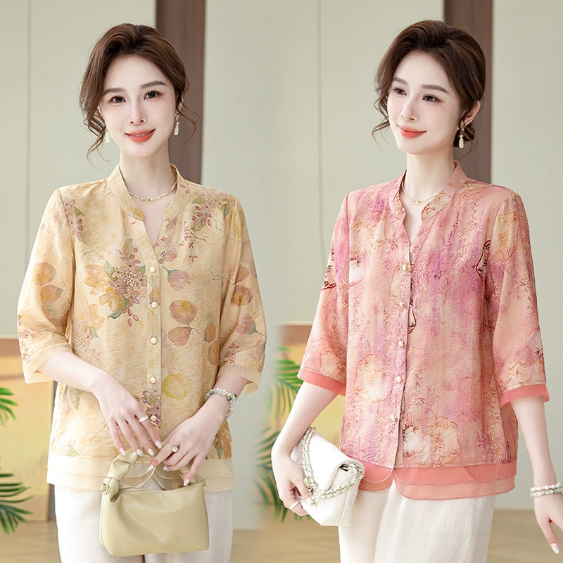 Летняя одежда для мам 2025, новые стильные рубашки со средними рукавами для женщин среднего и пожилого возраста, летние красивые топы с рукавами три четверти