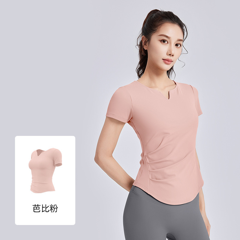 聚衣堂の新型vネックヨガ服半袖防振固定カップが痩せているフィットネス上着tシャツ|undefined
