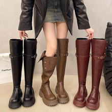 翻折两穿过膝靴女2024秋冬新款皮带扣厚底长筒靴小个子瘦瘦高筒靴