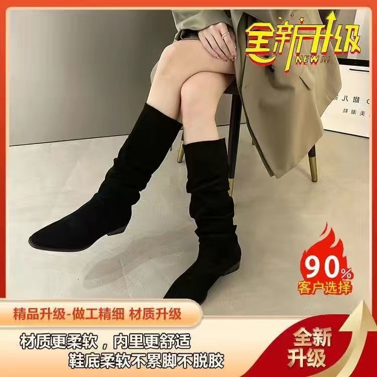 骑士靴女年粗跟春秋款西部靴中跟高筒薄款复古显瘦褶皱堆堆靴|undefined