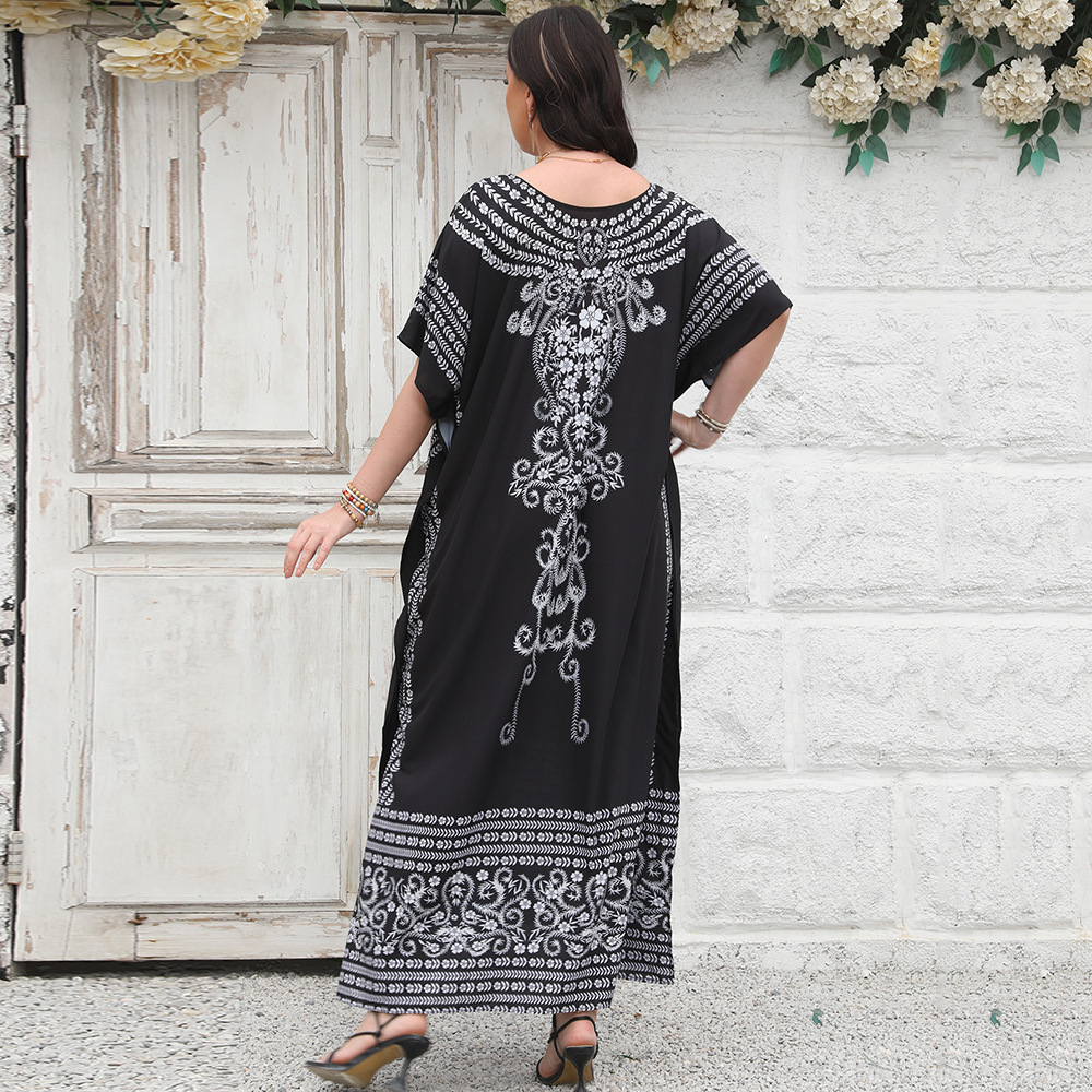 Cruz-frontera europea y americana estilo étnico impreso playa blusa suelta más el vestido de tamaño bikini camisa de protección solar 5D193