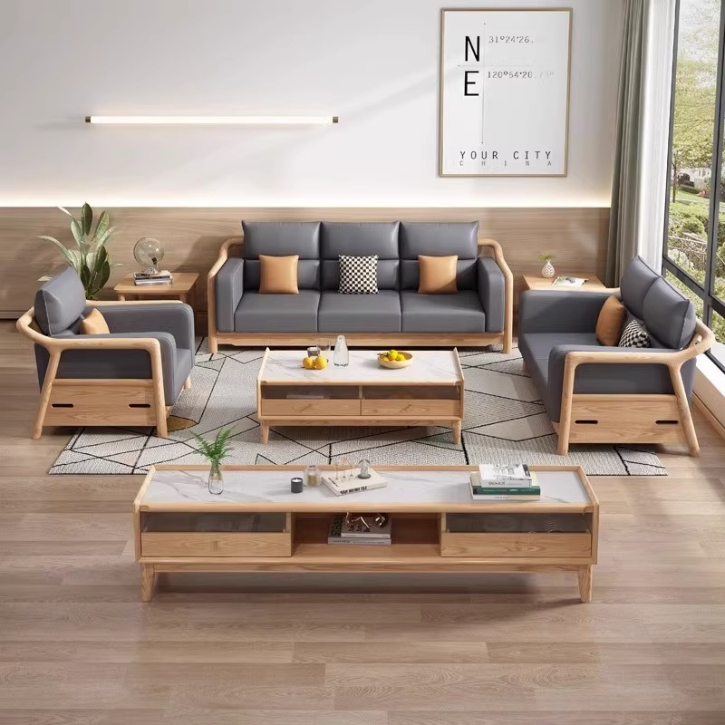 Nordic solid wood fabric sofa, simple living room small apartment three-seater, solid wood assembled white ash wood sofa set