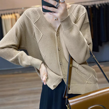 100%纯棉七针加厚开衫女V领宽松短款外套针织衫春秋长袖气质毛衣