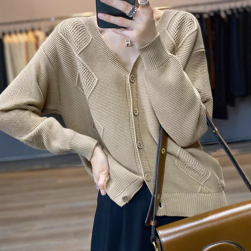 100%纯棉七针加厚开衫女V领宽松短款外套针织衫春秋长袖气质毛衣