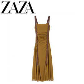 ZAZA 自制欧美风 批发女装 时尚百搭气质 跨境款乔其纱褶皱连衣裙