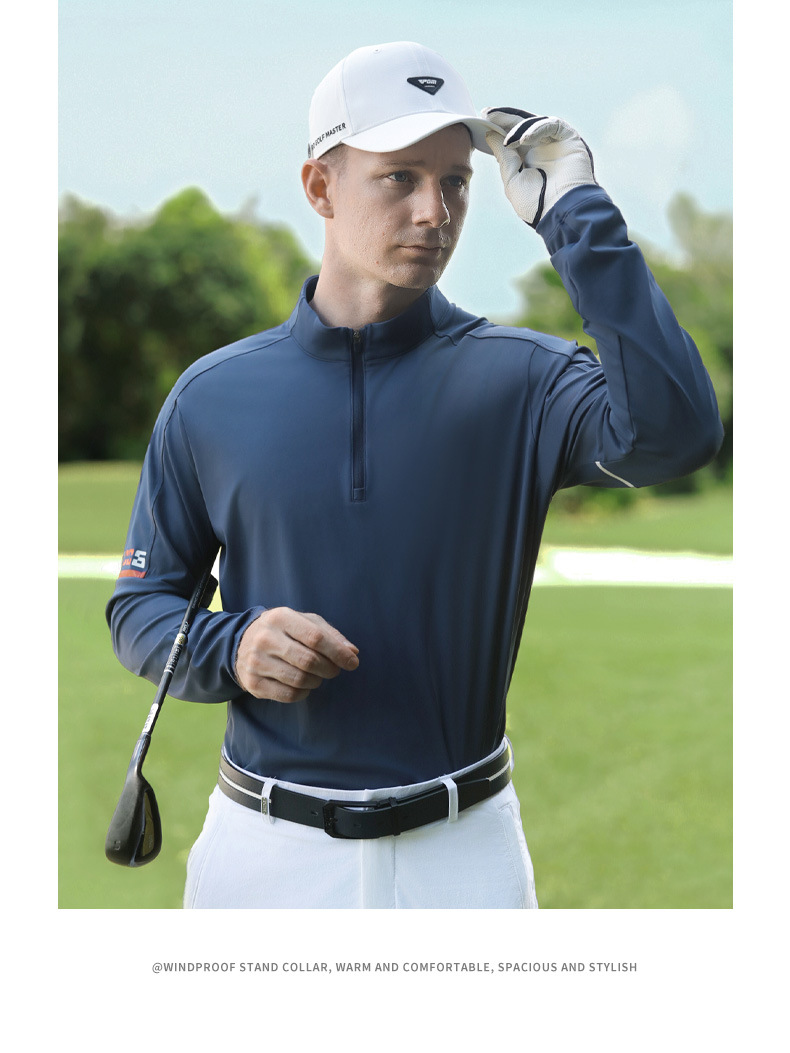 Áo thun golf nam dài tay PGM co giãn cao, cổ đứng khóa kéo, phong cách thể thao thu đông — YF733-Tay dài màu xanh nhạt, YF733-Trắng dài tay, YF733-dài tay màu xanh hải quân chi tiết 12