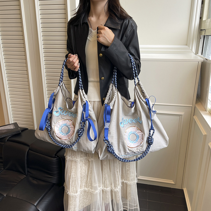 Japanese-Style Ball Chain Bag for Women, Nylon Eco-Friendly Shopping Tote with Donut Embroidery, Shoulder Tote, Underarm Bag