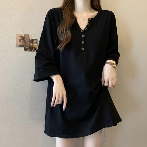 Korean-style oversized simple solid color V-neck t-shirt for women, large size, 300 pounds summer casual versatile long-sleeved top