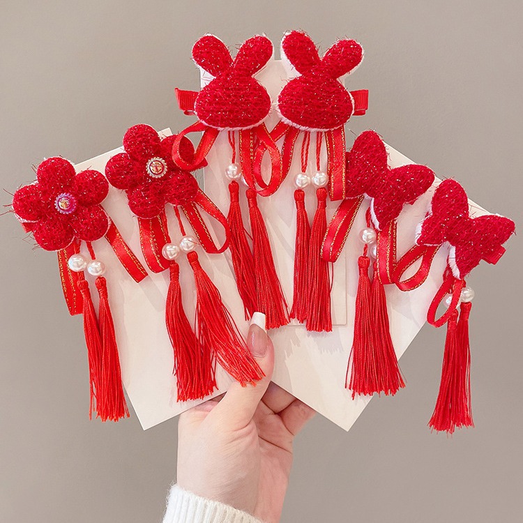 2023 niñas lindo conejo horquilla borla horquilla BB clip accesorios para el cabello rojo Año Nuevo lado clip accesorios para el cabello tocado