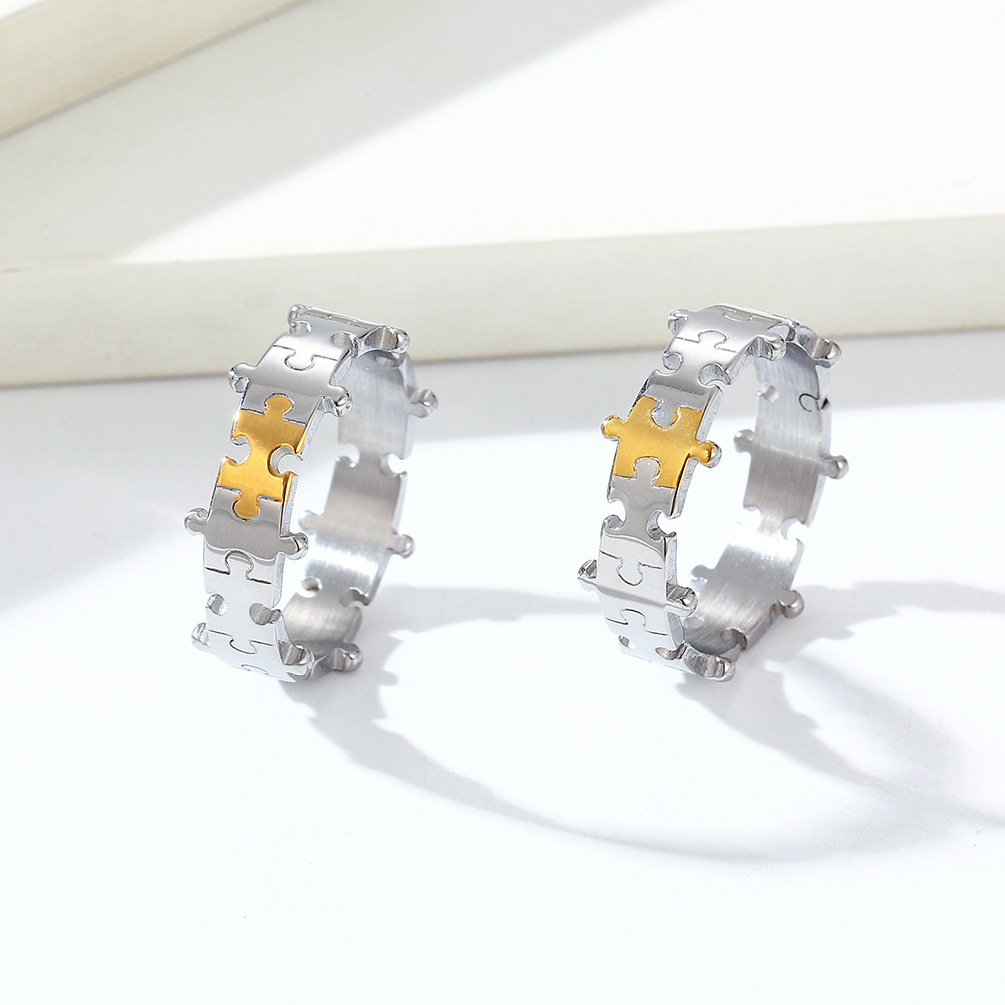 Daily Occasion Titanium Steel Material Jigsaw Pattern Retro Jigsaw Titanium Steel Polishing Couple Rings