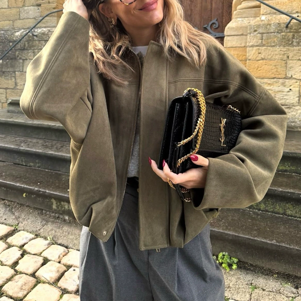 现货跨境女装批发欧美风麂皮绒夹克外套绒面质感飞行员夹克外套