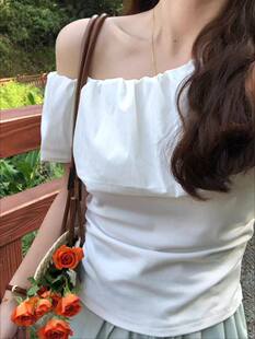Welcomed by one-shoulder off-shoulder short-sleeved T-shirt women's signature short-slanted cotton top