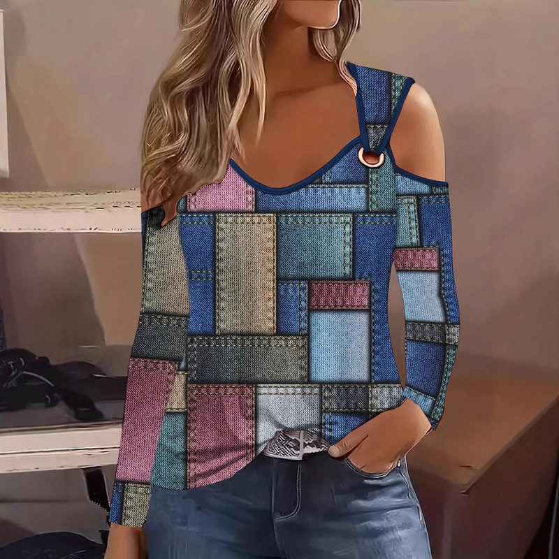 Cross-Border European and American New Women's Clothing Amazon Aliexpress Independent Station Popular Printed Long-Sleeved Large Ring Autumn T-Shirt for Women