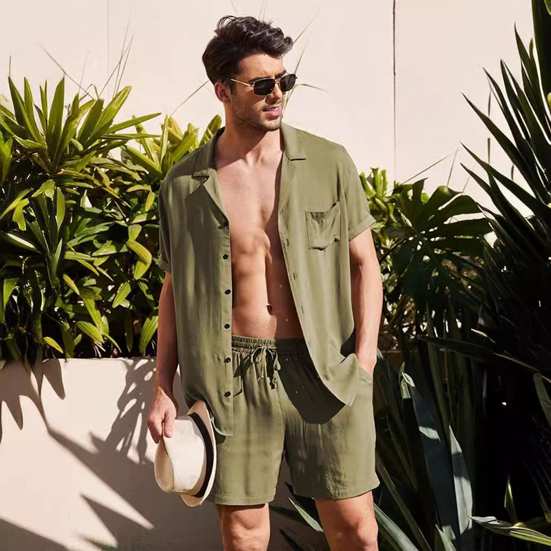 Men's Linen Short-sleeved Shirt Suit Linen Summer Loose Casual Cotton and Linen Cardigan Shirt Shorts Men's Linen Short-sleeved Shirt Suit Linen Summer Loose Casual Cotton and Linen Cardigan Shirt Shorts