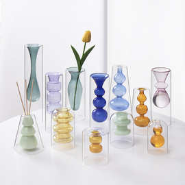 北欧ins现代简约彩色玻璃创意双层玻璃透明花瓶艺术个性花器