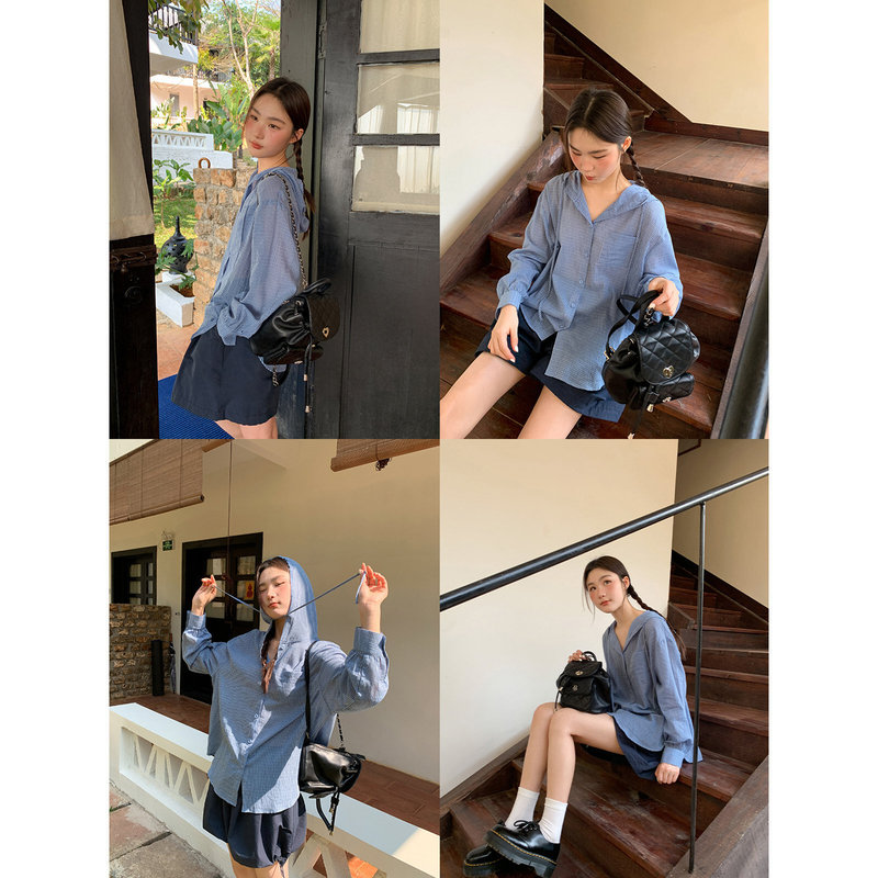 Korean-Style Casual Hooded Patch-Pocket Loose Plaid Shirt for Women, Summer Design Cardigan, Unique Top Korean-Style Casual Hooded Patch-Pocket Loose Plaid Shirt for Women, Summer Design Cardigan, Unique Top