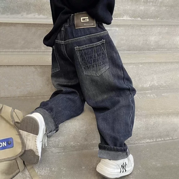 Boys' Autumn Jeans with Fleece Lining, Spring and Autumn Style 2026 New Model, Loose Long Pants for Older Boys