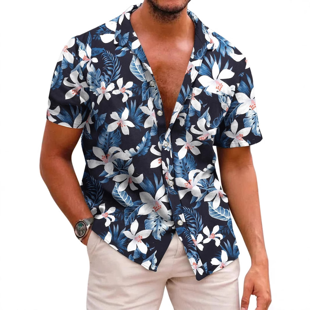 Cross-border TEMU summer short-sleeved floral shirt men's beach large-size casual 3D digital printed men's shirt trend