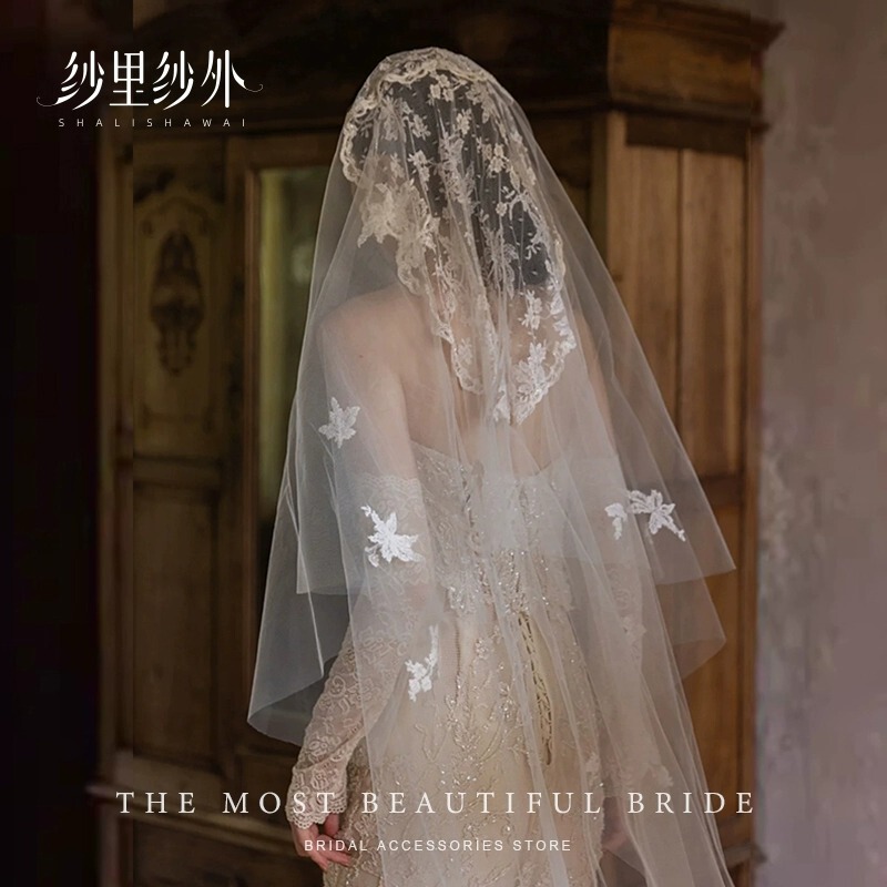 Yu Ai Same Style Retro Lace Headdress Bride Wedding Dress French Long Photography Sample Photo Props