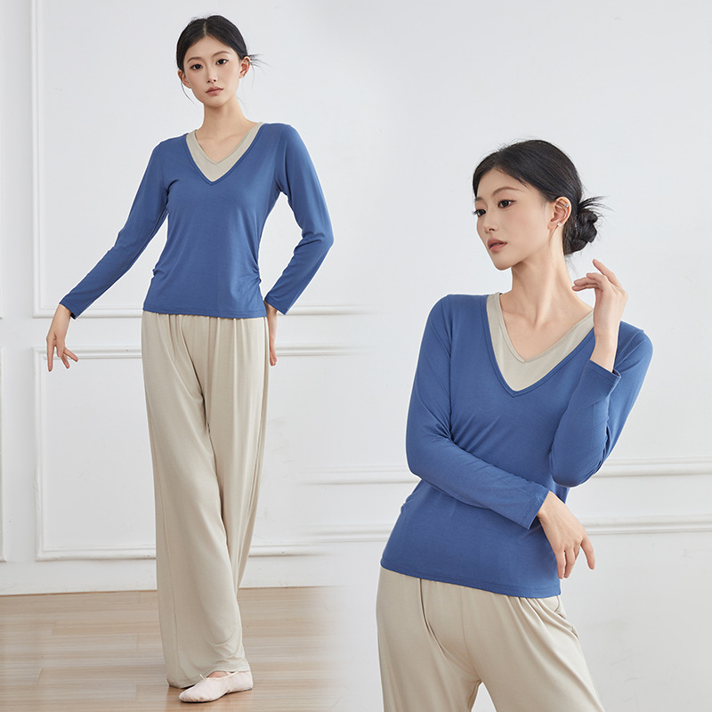 Slim Dance Clothing Tops for Women V Neck Autumn and Winter Classical Dance Clothing Modern Dance New Adult Dance Practice Clothing Long Sleeves
