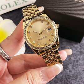 2026新款金色轻奢女士手表镶钻合金带日历款商务石英表货源批发