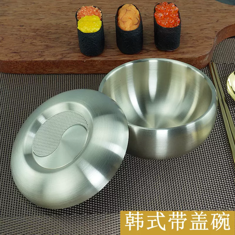 镀锆金不锈钢带盖米饭碗双层隔热汤碗金色韩国料理泡菜碗韩式餐具
