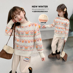 冬季女童女寶加厚毛衣保暖套頭鬱金香圓領學生洋復古日系森系線衫