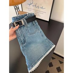 ブルーレースハイウエストデニムショートパンツ女性の夏の新しい大きいサイズカジュアルルーズ痩身ワイドレッグAラインパンツ