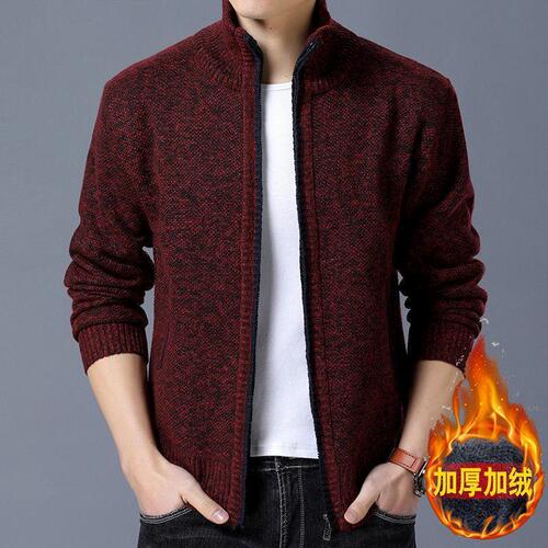 Outdoor Winter Men's Sweater Coat, Thickened Fleece-Lined, Loose-Fitting Knitwear, Men's Casual Zip-Up Knitted Top