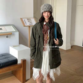 【You Think】十三行时尚通勤工装双口袋设计感慵懒百搭中长外套