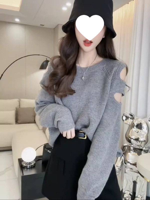 秋季新款慵懒风破洞露肩设计感长袖毛衣女小众宽松打底针织衫上衣|undefined