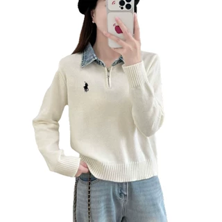牛仔拼接POLO领半拉链针织衫小马刺绣修身软糯高品质上衣秋冬款女