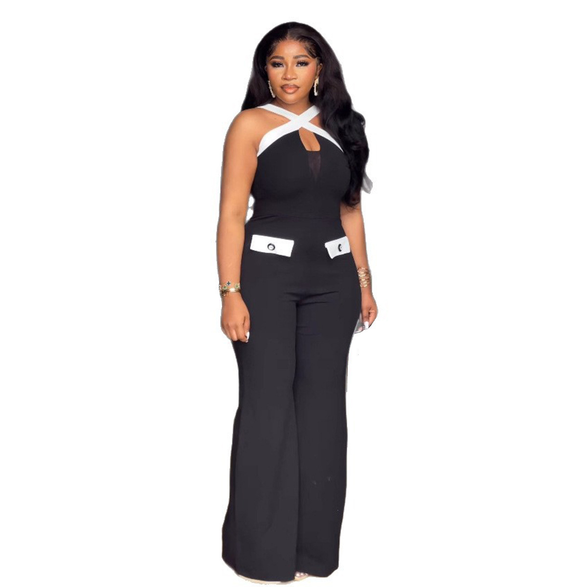 Elegant Commuter Women's Color Block Slim Fit Wide Leg Jumpsuit Cross Strap Stretch European American Style S11216_voghion.com
