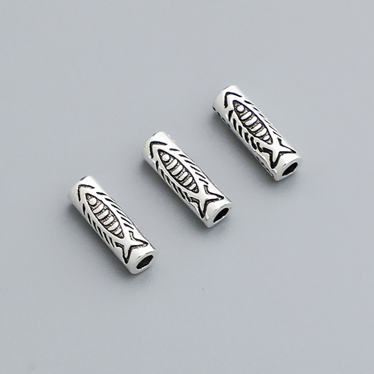 S925 sterling silver fish bone pattern straight tube spacer beads DIY woven bracelet necklace small fish loose beads jewelry accessories material