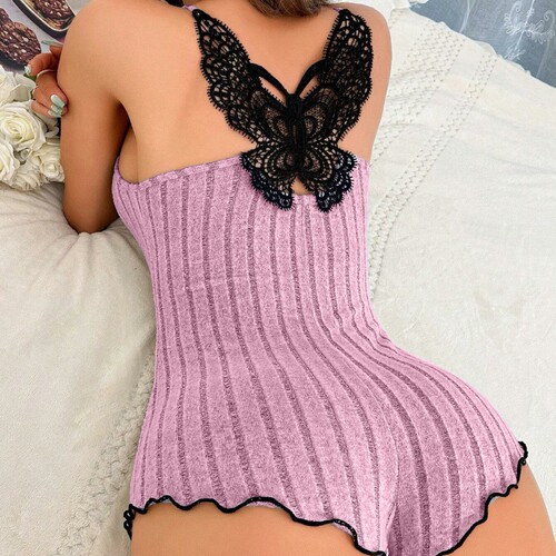 Women's Summer Fashion Butterfly Beauty Back Nightgown Homecoming Dress European and American Style Lace Splicing Casual Onesie