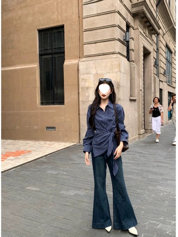 设计感不规则绑带开叉条纹衬衫女春季新款时尚气质高级感长袖衬衣|undefined