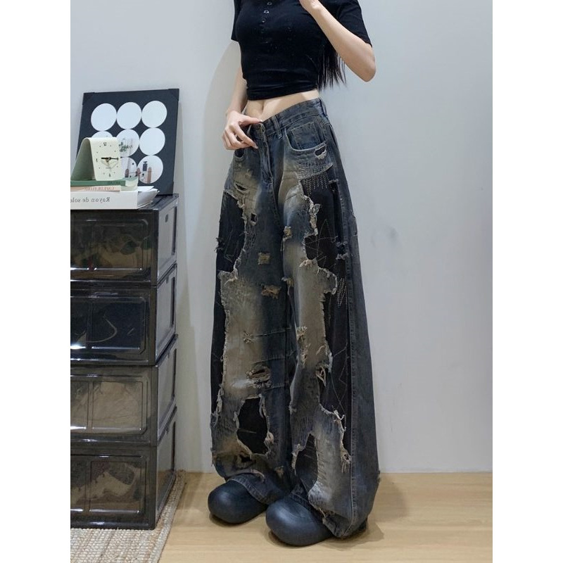 American Retro Hot Girl Style Black Versatile Tie-Dye Distressed Ripped Jeans for Women New Loose Wide-Leg Pants Trendy