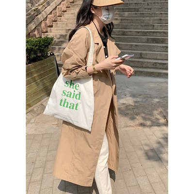 【congye】純色長款翻領風衣2021秋季新品複古百搭無扣外套女2606