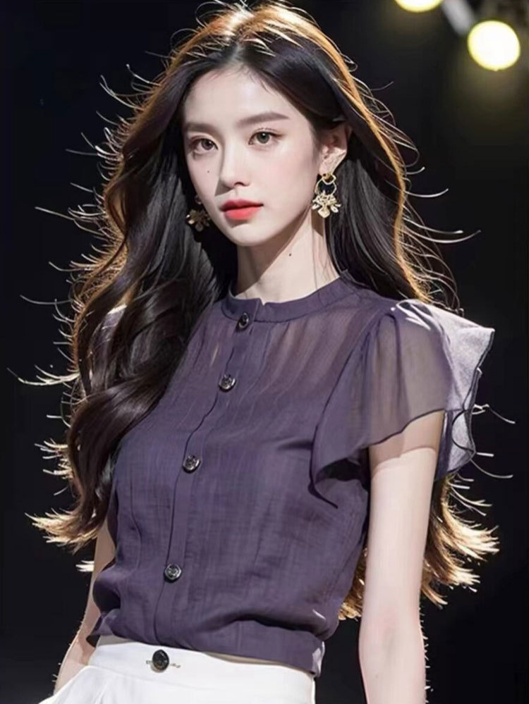 Elegant purple summer shirt with a round collar