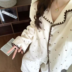 秋季卡通小熊睡衣女云朵棉花边蕾丝圆领长袖开衫长裤两件套家居服