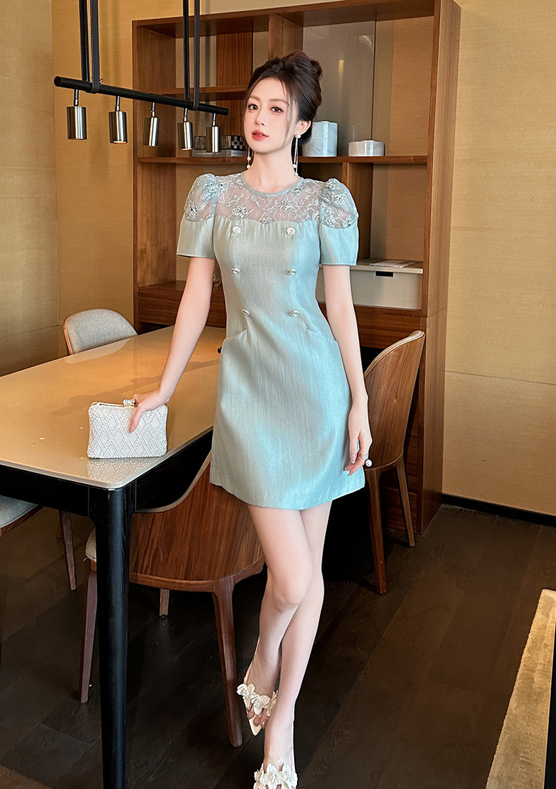 Đầm chữ A nữ thắt eo hai hàng khuy phong cách tea dress mùa hè 2026 — Xanh nước trong chi tiết 7