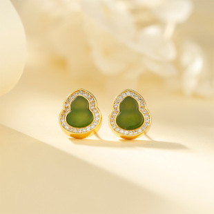 S925 Silver-plated Inlaid Natural Hetian Jade Jasper Fulu Gourd Classic All-match Natural Daily Earrings