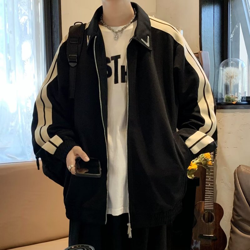 ジャケットメンズハイストリートイン香港スタイルウェビングラペル学生ジャケット春と秋の国民トレンドルーズカジュアルトップ|undefined