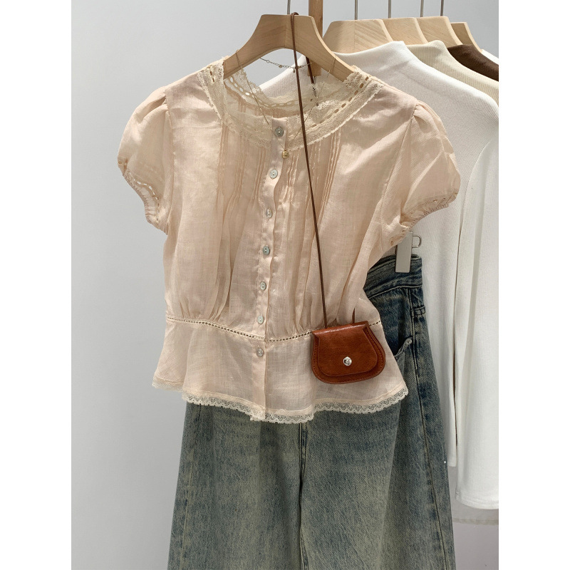 Discounted Gentle Style Lace Patchwork Puff Sleeve Chiffon Blouse for Women, New Summer Model, Lyocell Tencel Ramie Short Top