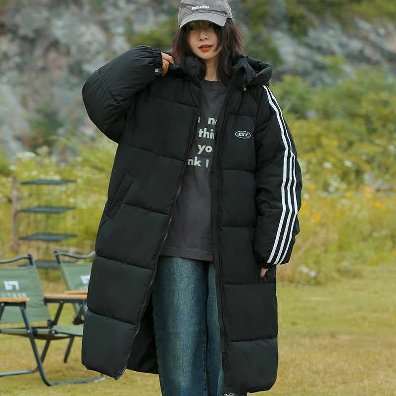羽绒棉服女2024新款冬学院风三条杠棉袄外套长款过膝学生棉衣外套