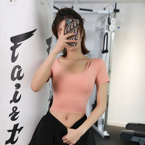Yoga short-sleeved top with chest pad  new Korean version leaking belly button sweat-absorbent quick-drying sports fitness slimming T-shirt