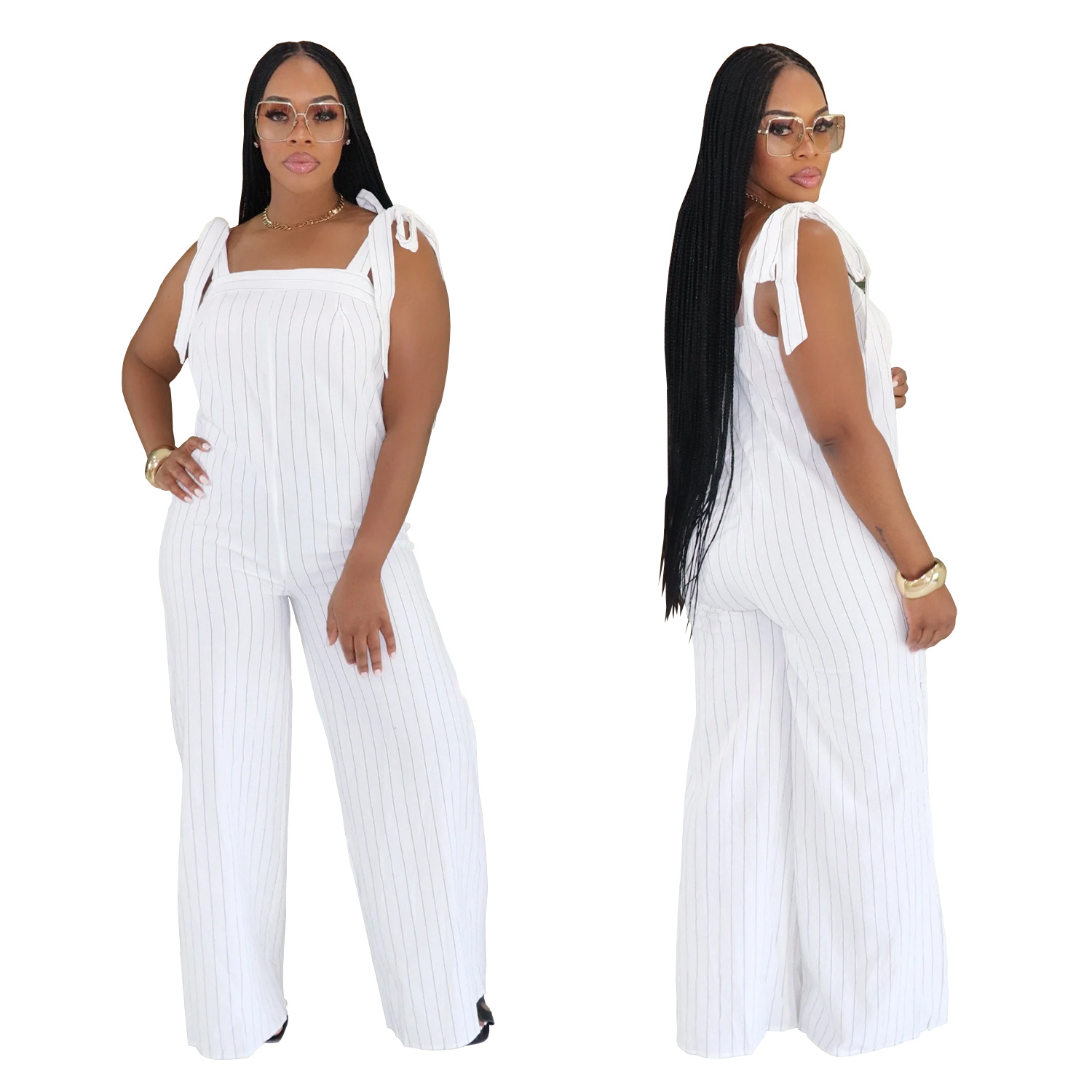 C7698 Cross-Border European And American Women's Casual Striped Strap Wide-Leg Fashion Jumpsuit_ecoleips.com