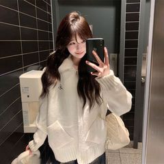 日韩时尚个性毛领连帽针织开衫女学生春秋慵懒风宽松百搭毛衣外套