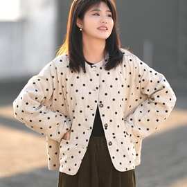 新款亚麻加棉短外套上衣波点通勤显瘦文艺棉麻秋冬麻色女